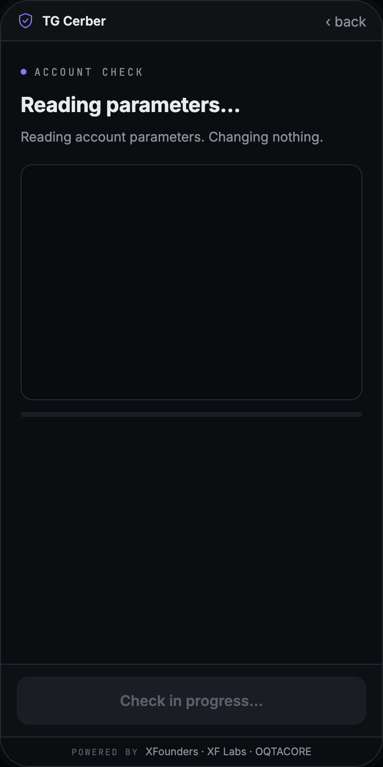 TG Cerber screen: the account parameters are being checked